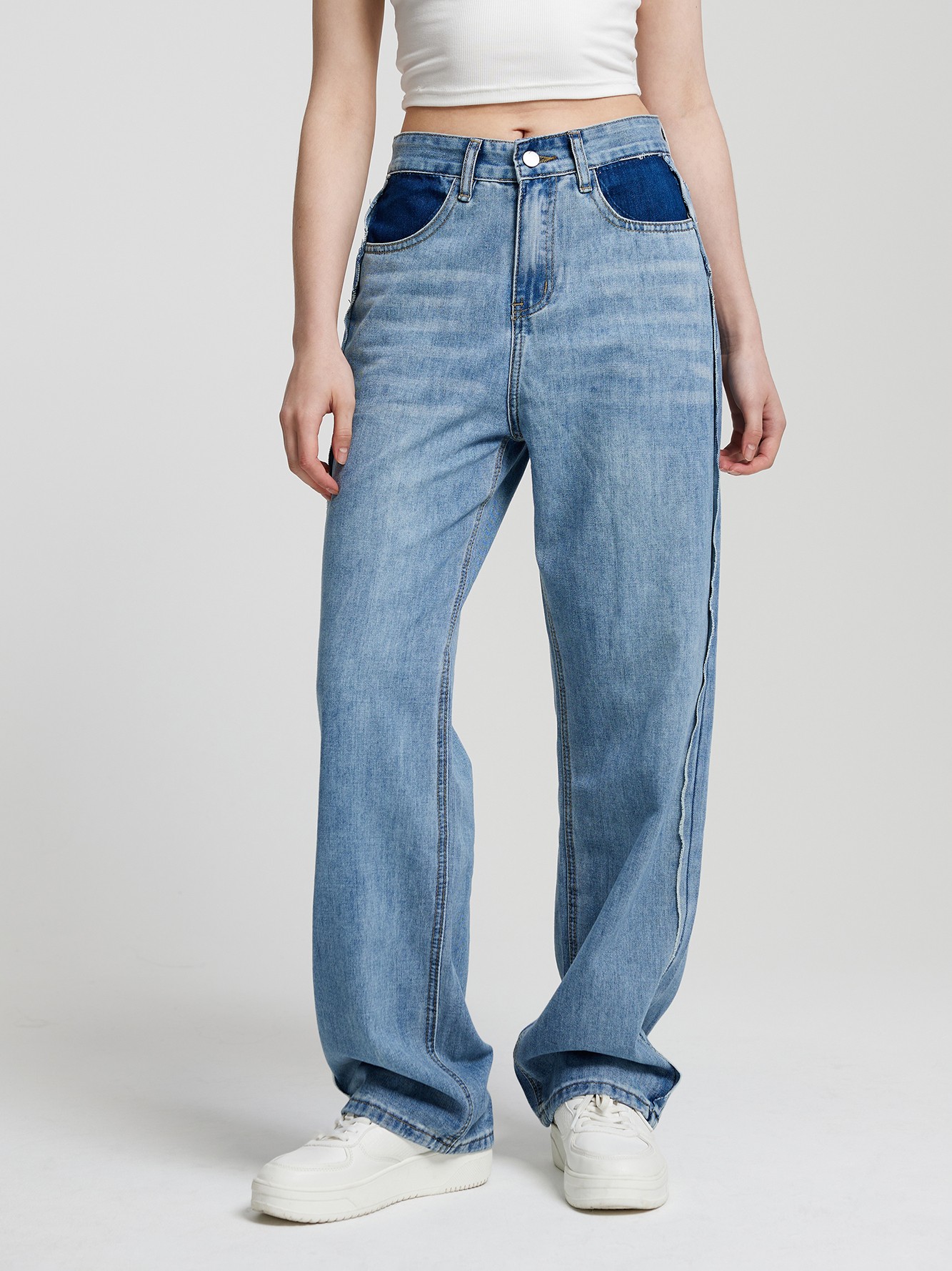 Jeans reto cintura alto de algodão pelo bordo, Urbanic